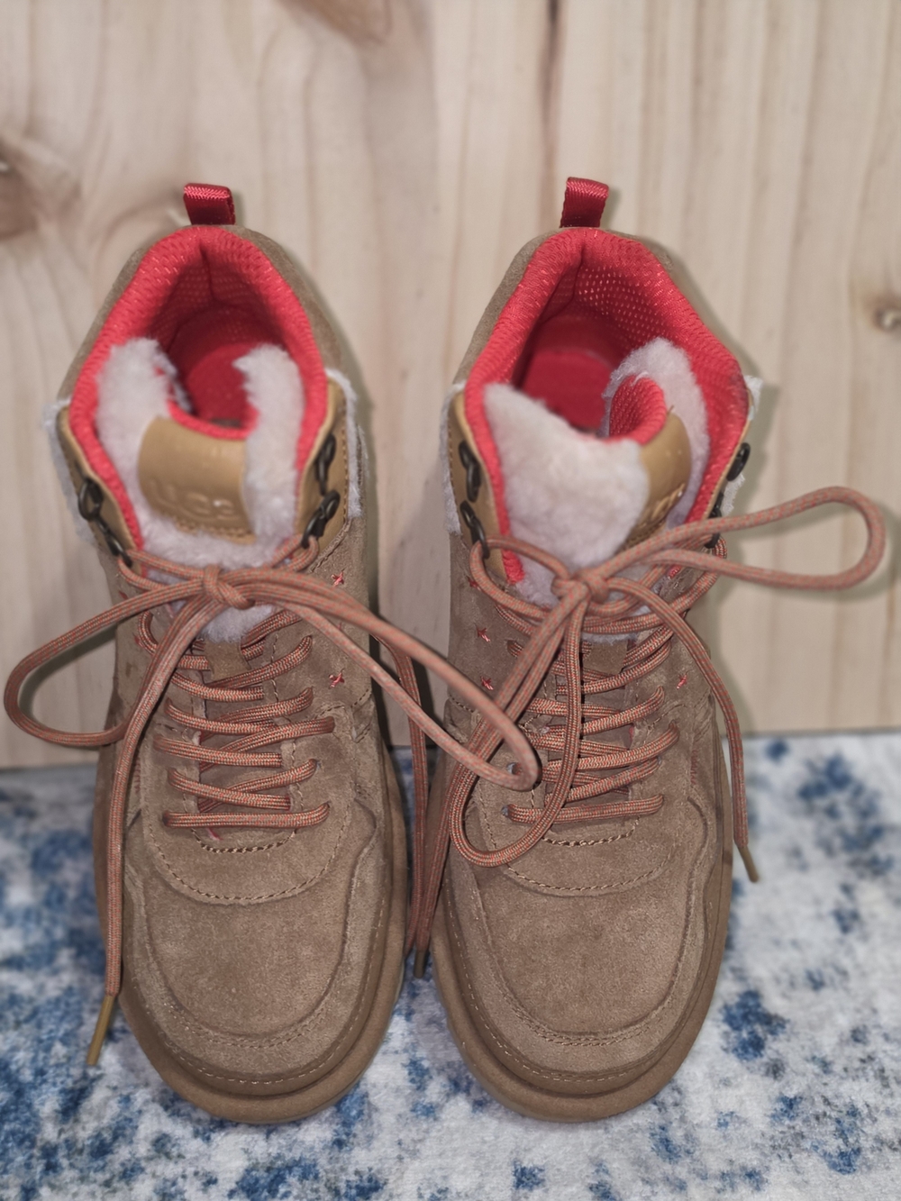 UGG Tan Suede Lace-Up Boots with Coral Lining